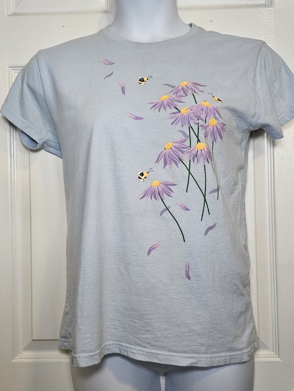 Light Blue Tee with Purple Daisy & Bee Graphic